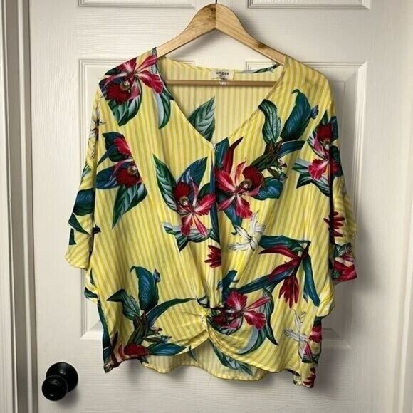 Umgee Yellow Flower Striped Knotted Waist Blouse With Ruffle Sleeves Size Small - Picture 2 of 8